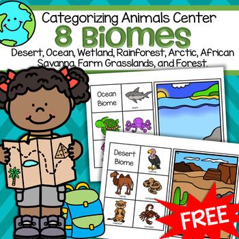 This is a set of 8 biomes mats, each with 5 related animals to match to the mats. Biomes included are: desert, ocean, rainforest, African savanna, forest, arctic, grassland (farm), and wetland. Print on cardstock for longest use. Playing Preschool, Animal Characteristics, Biomes Project, Diorama Project, Desert Biome, Animal Habitat, Rainforest Theme, Kindergarten Morning Work, African Savanna