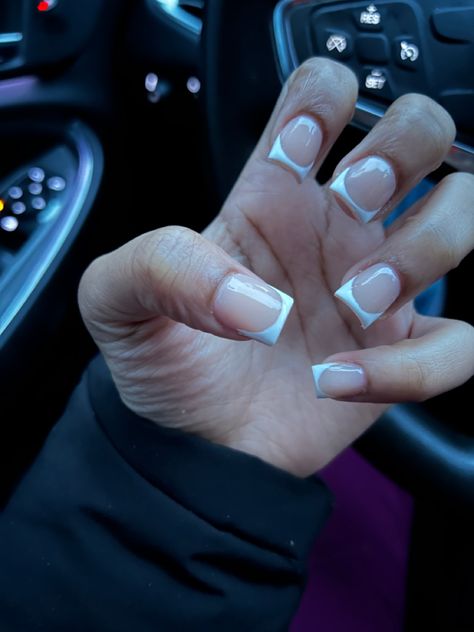 Short Vacation Nails Black Women, Overlay French Tip Nails, Short White Tip Acrylic Nails, Short Simple Nails Acrylic, Really Short French Tip Nails, Short Basic Acrylic Nails, Short Acrylic French Tip Nails, French Tip Shorties, Short White French Tip Nails