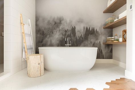 Jillian Harris Love It Or List It Vancouver Foggy Hills, Bad Inspiration, Forest Wallpaper, Wallpaper Vintage, Black And White Wallpaper, White Wallpaper, Beautiful Space, Bathroom Inspiration, 인테리어 디자인