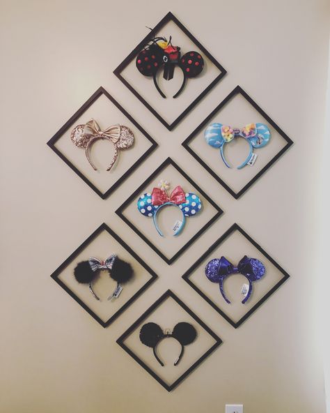 Excited to have finally finished my mouse ear display...for now! Still have plenty of room to add on. #nevergrowup #mouseears #disneydecor #disneydiy Minnie Ears Display Wall, Hanging Mickey Ears On Wall, Minnie Mouse Ears Display, Disney Ear Display, Mickey Ears Display, Disney Ears Display Wall, Disney Ears Display, Mouse Ears Display, Disney Display