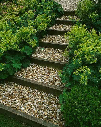 Landscape Pathway Ideas: 9 Stunning Options ~ Bless My Weeds Sloping Pathway Walkways, Outdoor Stairs On Hill, Easy Garden Steps On A Slope, Steep Bank Landscaping Ideas, Sloped Garden Path, Sloping Pathway Ideas, Terraced Steps Landscaping, Hillside Stairs Landscaping, Natural Steps On Slope