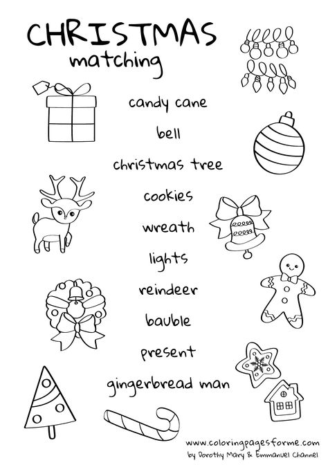 Christmas Vocabulary Matching Worksheet with presen, candy cane, bell, christmas tree, cookies, wreath, lights, reindeer, bauble and gingerbread man. Christmas Themed Worksheets, Winter Words Preschool, Xmas Worksheets For Kids, Christmas Activities School, Christmas Phonics Activities, Christmas Exercises For Kids, Christmas English Worksheets, Kindergarten Christmas Worksheets, Christmas Worksheets Preschool