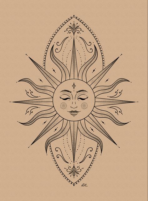 Ornamental tattoo design by Rachell Michelle Sun Goddess Tattoo Designs, Sun And Moon Scales Tattoo, Bohemian Sun Tattoo, Witchy Sun Tattoo, Ornamental Sun Tattoo, Shoulder Sun Tattoo, La Tattoos Ideas, Sun Back Tattoo, Esoteric Tattoo