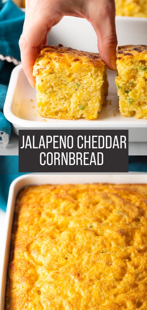 Best Cornbread Recipe – Soft, moist, thick and fluffy Jalapeno Cornbread loaded with cheese. It’s a classically delicious southern side dish that’s ready in under and hour! Jalapeños Cheddar Cornbread, Moist Jalapeno Cornbread, Jalapeno Cornbread With Cream Corn, Pickled Jalapeno Cornbread, Best Jalapeno Cornbread Recipe, Cornbread Recipe Jalapeno, Corn Bread Ideas, Cornbread Jalapeno Cheddar, Sweet Jalapeno Cornbread