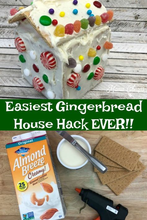 Easiest Gingerbread House #Hack Ever – Perfect for Kids! https://www.mamacheaps.com/2018/12/easiest-gingerbread-house-hack-ever-perfect-for-kids.html #diy New Years Eve Snacks, Easy Gingerbread House, Ginger Bread House Diy, Winter Snack, Gingerbread House Parties, Christmas Snack, Gingerbread House Designs, Almond Breeze, Gingerbread Diy