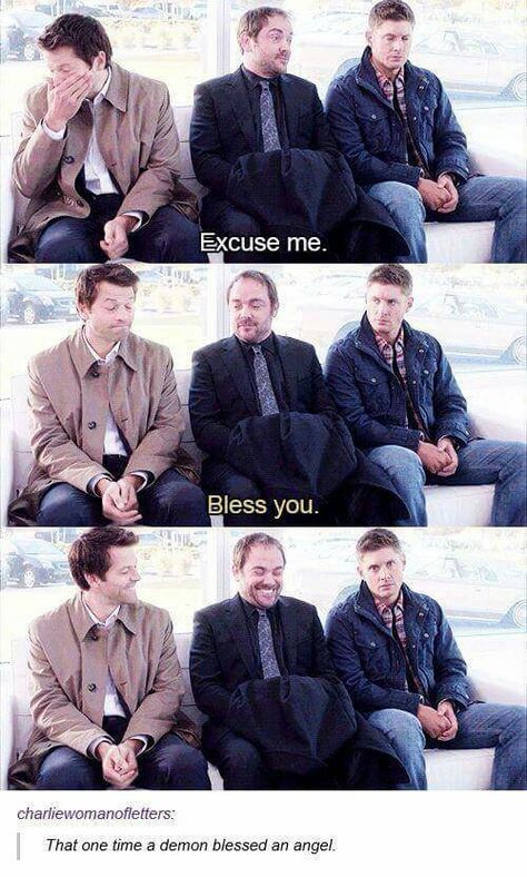 I love how Castiel and Crowley are smiling, and Dean's just like 'Really? Are you freaking kidding me!?' LOL Cas Supernatural, Supernatural Bloopers, Supernatural Tumblr, Spn Memes, Supernatural Actors, Winchester Supernatural, Sam Dean, Sherlock John, Supernatural Memes