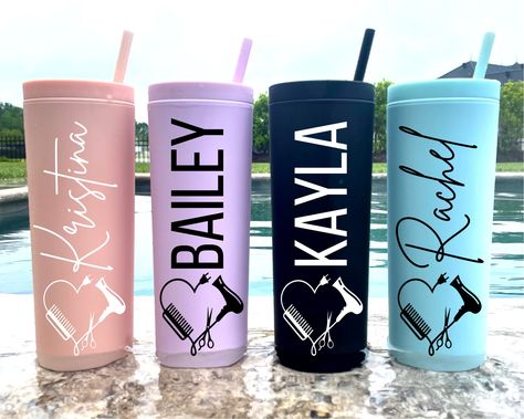 "Beautiful Personalized 18 Ounce Acrylic Hair Stylist Tumblers! These Tall Skinny Tumblers are Printed on with Professional Sublimation Printing and do not peel or fade. Tumbler Details: Material: Acrylic 8.5\"X3\" BPA FREE Hand Wash Only- *Not Dishwasher Safe* Matching Straws Included! (As seen in the listing pictures) Font Colors: Black  White Tumbler Colors: Black Blush Pink Sea Glass (Blue) Clear Gold Clear Rose Gold" Hairdresser Tumbler Ideas, Hairdresser Gift, Customer Gifts, Hair Stylist Gifts, Hair Dresser, Salon Decor, Cosmetology, Cup Design, Beauty Salon