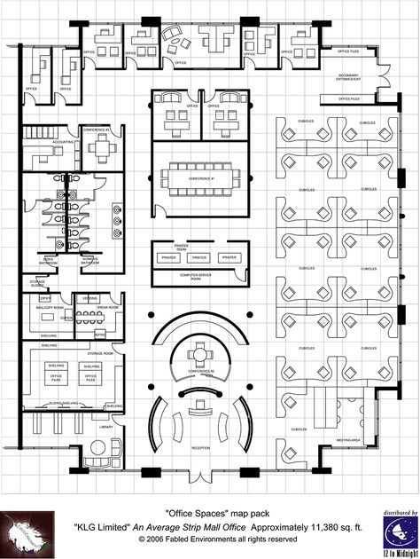 Modern Floorplans: Single Floor Office - Fabled Environments |  | Modern FloorplansDriveThruRPG.com Office Space Floor Plan Layout, Building Floor Plans Commercial, Commercial Building Plans Floors, Offices Plans Architecture, Coworking Floor Plan, Office Building Layout Plan, Architectural Office Plan, Office Building Plans Layout, Hotel Layout Plan Floors