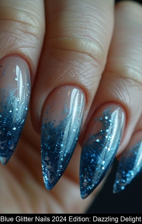 Immerse yourself in the mesmerizing beauty of our Blue Glitter Nails 2024 Edition designs! Blue And Silver Nails, Stiletto Nails Short, Blue Ombre Nails, Silver Nail Designs, Blue Glitter Nails, Sky Nails, Stunning Nail Designs, Nail Art Trends, Blue Acrylic Nails