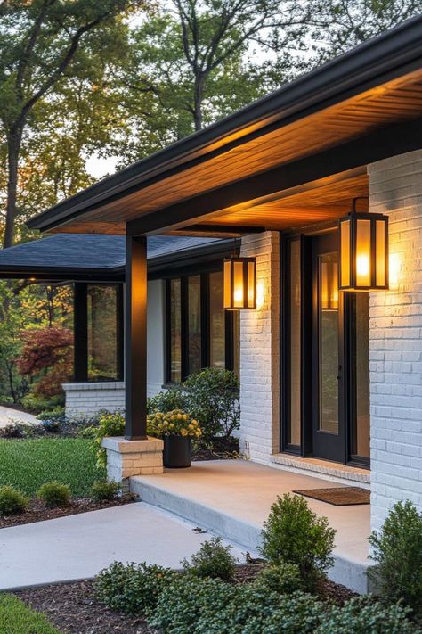 Small Modern House Design Exterior Front Porches, Modern Midcentury Home Exterior, Remodeled Mid Century Home, Corner House Curb Appeal, Updated Mid Century Modern Exterior, Mid Century House Colors, Mid Century Modern Brick House Exterior, Mid Century Modern Brick House, Remodel Front Of House