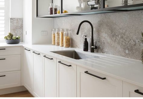 Under bench sink, white dish area and black tap White Kitchen Black Tap, Black Kitchen Taps, Bench Kitchen, Top Mount Kitchen Sink, White Kitchen Sink, White Dish, House Vibes, Diy Kitchen Renovation, Kitchen Redesign