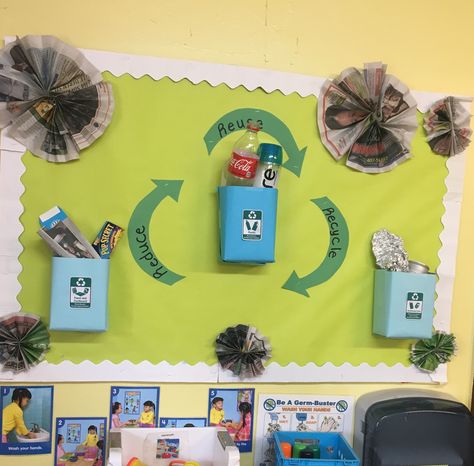 Reduce, Reuse, and Recycle ♻️ Bulletin Board! Everything used is of recycled materials! Ms. Cristina's VPK Class Bulletin Board! #VPK #Recycle #BullentinBoard Recycle Reuse Reduce Preschool, Reduce Reuse Recycle Bulletin Board Ideas, Recycling Bulletin Board Ideas, Reduce Reuse Recycle Preschool Bulletin Boards, Recycling Bulletin Boards Preschool, Recycle Bulletin Board Ideas, Recycling Bulletin Boards, Reduce Reuse Recycle Bulletin Board, Recycle Activities For Preschool