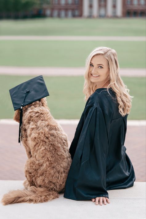 Goldendoodle in graduation cap, girl in graduation gown Dog Senior Picture Ideas, Dog And Owner Graduation Pictures, Dog Cap And Gown, Grad Photoshoot With Dog, College Grad Pics With Dog, Dog Grad Pics, College Graduation Pictures Dog, Dog Graduation Cap Ideas, Home Coming Photo Ideas