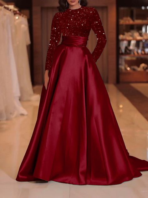 A-Line Evening Gown Sparkle Red Green Dress Formal Cocktail Party Court Train Long Sleeve High Neck Fall Wedding Guest Satin with Sequin 2024 2024 - TRY 4087.81 Green Dress Formal, Red Green Dress, Formal Cocktail Party, Fall Wedding Guest, Prom Dresses Online, فستان سهرة, Dress Formal, Special Occasion Dresses, Evening Gown