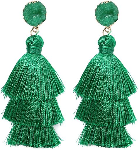 Amazon.com: Green Tassel Earrings for Women - Colorful Layered Tassle Bohemian Drop Earrings: Clothing Super Casual Outfits, Green Tassel Earrings, Popular Earrings, Black Earrings Dangle, All Black Looks, Great Gifts For Women, Round Stud Earrings, Hanging Earrings, Bohemian Earrings