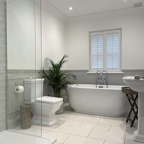 Shower Above Bath, Panelled Bathroom Ideas, Bathroom With Paneling, Full Bathroom Ideas With Tub, Bathroom Panelling Ideas, Victorian Terrace Bathroom, Bath Under Window, Family Bathroom Ideas, Bathroom Panelling