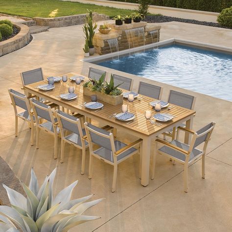 Bring clean, contemporary design to your patio with the Travira collection from Oxford Garden. The table and chair frames are made with powder-coated aluminum, which is both lightweight and durable. Rust proof and weather resistant, aluminum is perfect for outdoor applications. The Titanium sling material is uniquely suited for outdoor furniture. The fabric is woven with PVC coated polyester, making it durable and easy to maintain. This material is also quic... Aluminum Patio, Patio Dining Set, Small Patio, Rectangular Dining Table, Outdoor Dining Set, Patio Table, Outdoor Dining Table, Patio Dining, Patio Design