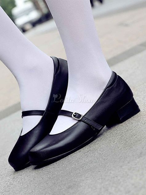 White Knee High Socks, Black School Shoes, Gifts 2021, Heels Aesthetic, Dr Shoes, Classic Lolita, Black Shoes Heels, Ballerina Shoes Flats, Black Shoe