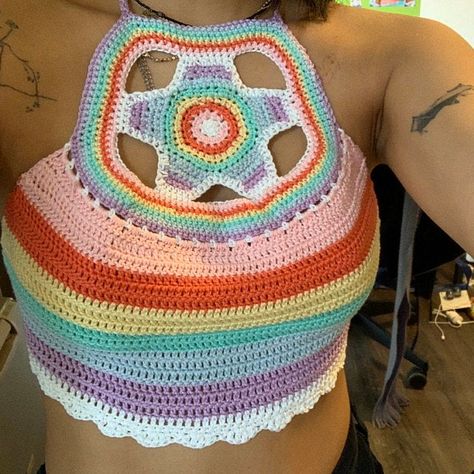 Rainbow Crochet Halter Top Once Upon a Time in Hollywood | Etsy Once Upon A Time Costumes, Mandala Boho, Crochet Boho Top, Crochet Halter Top, Crochet Butterfly, Crochet Beanie Pattern, Rainbow Crochet, Crochet Halter, Thrift Flip