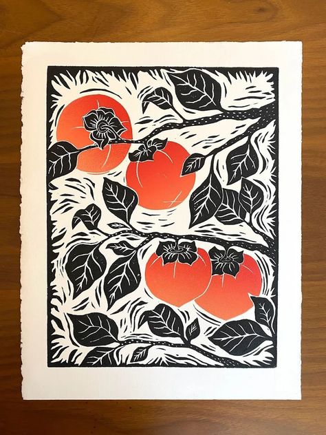 Persimmon Black and Orange Linocut Block Print Art | Etsy Persimmon Artwork, Multi Color Linocut, Persimmon Tattoo, Persimmon Art, Persimmon Tree, Relief Prints, Relief Printmaking, Lino Cuts, Linoleum Print