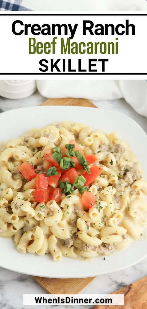 Looking for a quick dinner with a little pizzazz? This Easy Creamy Ranch Beef Macaroni Skillet recipe is dressed to the nines - in ranch dressing, that is! The delicious mix of flavors in this easy ground beef recipe make this a dish that everyone will enjoy, and come back for seconds. Ranch Beef And Noodles, Ground Beef With Ranch Seasoning, Ground Beef Ranch Seasoning, Ranch Ground Beef Recipes, Creamy Ranch Beef And Noodles, Cheesy Pasta Sauce, Quick Beef Recipes, Beef Macaroni, Slow Cooker Pasta Recipes