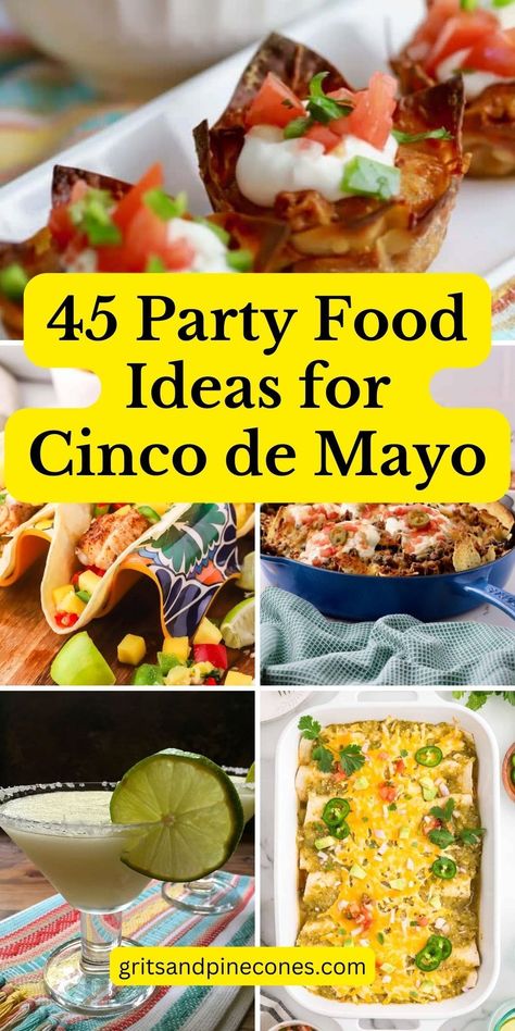 Plan your Cinco de Mayo menu with these party food ideas! From tacos to margaritas, and appetizers to desserts, there are over 40 of my favorite Mexican recipes and party food ideas that are perfect whether you are cooking for two or a crowd. These dishes include appetizers, entrées, side dishes, desserts, and everything else you need right here! Mexican Inspired Party Food, Make Ahead Mexican Food For A Crowd, Margarita Night Party Food, Mexican Food For A Crowd Parties, Mexican Food Recipes For A Crowd, Fiesta Menu Ideas, Taco Ideas For Party, Mexican Food Buffet Ideas, Mexican Food For Parties