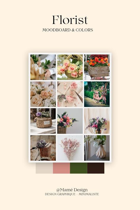 Minimalistic branding for florists #florist#branding#colorpalette#inspiration#colors#minimalist#moodboard#florist#flowers#branding#design Florist Portfolio, Flowers Branding, Minimalist Moodboard, Minimalistic Branding, Florist Branding, Florist Brand, Catalog Design Layout, Flower Branding, Portfolio Design Layout