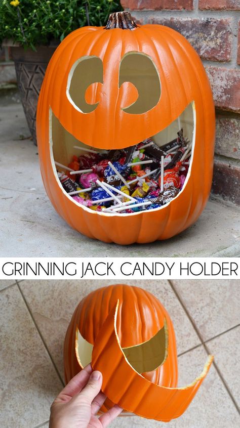 Make the cutest, happiest jack o lantern candy holder. I'm going to have one instead of a plastic bowl when handing out this year! How To Carve Plastic Pumpkins, Pumpkin Candy Holder, Halloween Pumpkin Jack O Lantern, Dekorasi Halloween, Halloween Candy Bowl, Halloween Web, Candy Bucket, Labu Halloween, Halloween Games For Kids