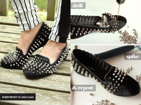 DIY loafers & spikes How To Add Spikes To Clothes, Diy Studded Shoes, Leather Flats With Spikes And Flat Heel, Black Leather Loafers With Spikes, Luxury Black Spiked Loafers, Diy Heels, Vintage Classics, Bride Of Frankenstein, Diy Shoes