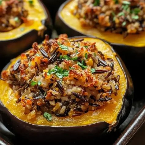 Stuffed Acorn Squash with Wild Rice - Better Homebase Wild Rice Stuffed Acorn Squash, Rice Stuffed Acorn Squash, Sauté Onions, Wild Rice Recipes, Rice Stuffing, Stuffed Acorn Squash, Cooking Wild Rice, Acorn Squash Recipes, Baked Squash