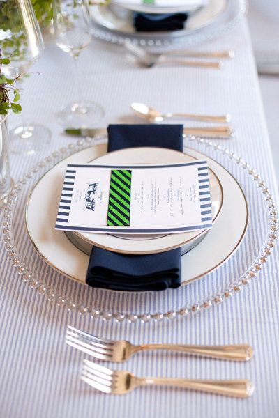 tablescape. East Coast Prep, Preppy Wedding, Pretty Tables, Nautical Wedding, Green Ribbon, Wedding Table Centerpieces, Fine Linen, Place Setting, Romantic Weddings