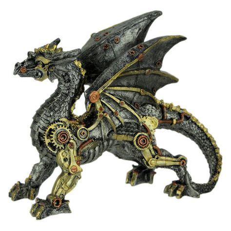 8 inch Long, 6.5 inch High, 3 inch WideCreatively Cast in Resin in Intricately Sculpted Mechanical Dragon DetailHand Painted Distressed Finish in Blackened Silver, Gold and Copper that Gives it a Metal AppearanceAn Incredibly Detailed Piece Packed with Mechanical Steampunk Details that Look Amazing From Any AngleGreat as a Gift Sure to Fire Up the Excitement of any Dragon Lover or Steampunk EnthusiastDragons are powerful mythical beasts, and this steampunk dragon is nothing less than impressive Mechanical Dragon, Steampunk Dragon, Steampunk Owls, Dragon Family, Steampunk Fantasy, Mythical Beasts, Skull Statue, Character Statue, Ice Dragon