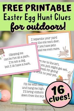 Want to do a fun Easter scavenger hunt for kids this year? Use these free printable Easter scavenger hunt clues to make it easy! These printable Egg hunt clues are perfect for kids and teenagers too, because they're a little more challenging. Just print the scavenger hunt riddles, cut them out, and hide them indoors or outside. Comes with 32 free printable Easter scavenger hunt cards. Add this to your list of fun Easter egg hunt ideas for kids! Easter Clues For Kids, Free Easter Scavenger Hunt Clues, Free Printable Easter Scavenger Hunt Clues, Free Printable Easter Egg Hunt Clues, Easter Riddles For Kids, Easter Scavenger Hunt Clues For Outside, Egg Scavenger Hunt Ideas, Easter Scavenger Hunt Ideas, Easter Egg Scavenger Hunt Clues