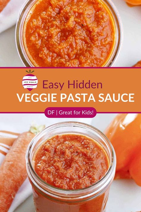 A jar of homemade hidden veggie pasta sauce next to carrots and peppers. Vegetable Spaghetti Sauce, Pasta Sauce Dairy Free, Tomato Based Pasta, Hidden Veggie Pasta Sauce, Easy Tomato Pasta Sauce, Hidden Veggie Pasta, Veggie Pasta Sauce, Veggie Spaghetti, Canned Spaghetti Sauce