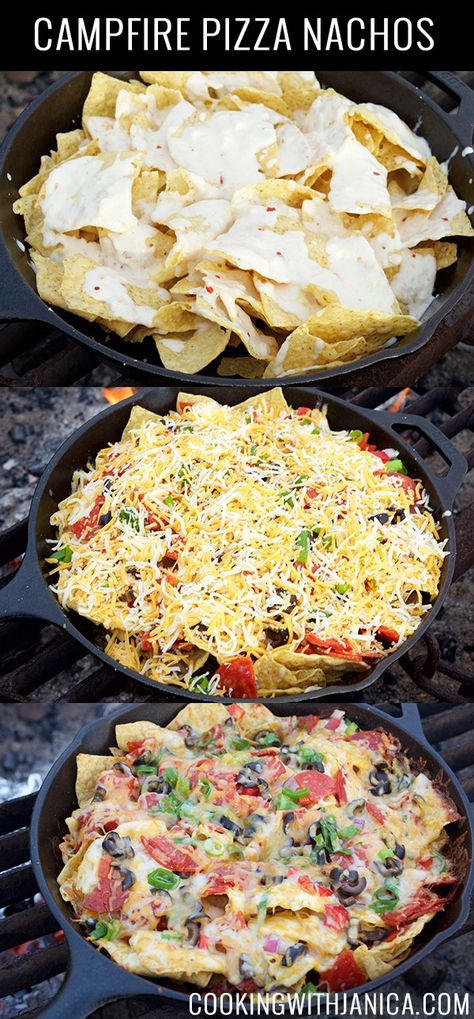 Campfire Pizza Nachos Recipe Pizza Nachos Recipe, Campfire Pizza, Pizza Nachos, Dutch Oven Cooking, Cast Iron Recipes, Campfire Food, Nachos Recipe, Campfire Cooking, Easy Camping