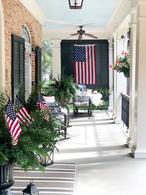 Patriotic Front Porch, Patriotic Porch, Porch Kits, Porch Design Ideas, Screened Porch Designs, Southern Porches, Building A Porch, Porch Furniture, House With Porch