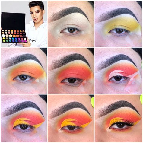 Yellow Eyeshadow Looks Step By Step, Red And Yellow Eyeshadow, Eye Makeup On Hand, Indian Eye Makeup, Orange Yellow Eyeshadow Looks, Pink Orange And Yellow Eyeshadow, Red Orange Yellow Eyeshadow, Yellow Eye Makeup, Orange Eye Makeup