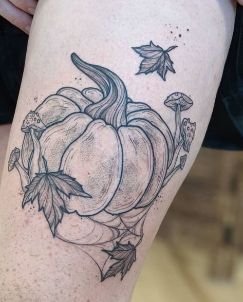 Fall Tattoo Black And White, Realistic Pumpkin Tattoo, Black And White Pumpkin Tattoo, Fall Tattoo Ideas Autumn Black And White, Pumpkin Vine Tattoo, Herbalist Tattoo, Pumpkin Patch Tattoo, Pumpkin Tattoo Designs, Pumpkin Tattoo Ideas