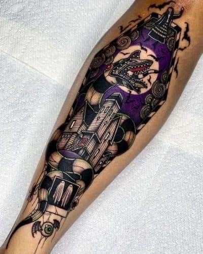 Angelo Parente Tattoos, Beetlejuice Tattoo Ideas, Horror Tattoo Ideas, Wicca Tattoo, Halloween Sleeve, Horror Sleeve, Beetlejuice Tattoo, Tim Burton Tattoo, Movie Tattoos