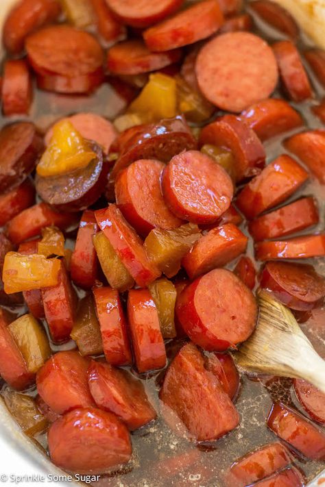 Glazed Hawaiian Kielbasa - Sprinkle Some Sugar Hawaiian Kielbasa, Luau Food, Kielbasa Recipes, Hawaiian Dishes, Hawaiian Food, Kielbasa, Snacks Für Party, Sausage Recipes, Sausages