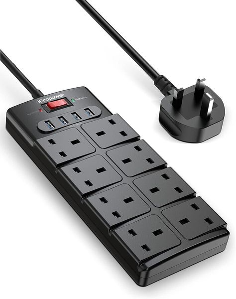 8 Gang Surge Protected Extension Lead: The 8 plug extension lead surge protector with usb slots, which total power output up to 13A/3250W, 1.5m extension cord enable to charge your smartphones, tablets, laptops and more electronic devices simultaneously USB Extension Lead 1.5m: Built-in intelligent IC, which can detect your devices and automatically deliver the optimal current to USB Powered devices, each port can reach 2.4A max, 4 USB ports can reach 3.4A 5V total Power Surge Protector Extension Lead: Our surge protected extension lead with 1050-Joule protection rating and features with overload protection to protect your devices against spikes and fluctuations. High quality fire-resistant PC material makes it fireproof up to 1382℉, ensure safety charging Extension Cord Wall Mount Power S Strip Bar, Electric Plug, Extension Lead, Led Accessories, Shutter Doors, Surge Protector, Kids Area, Backyard For Kids, Extension Cable