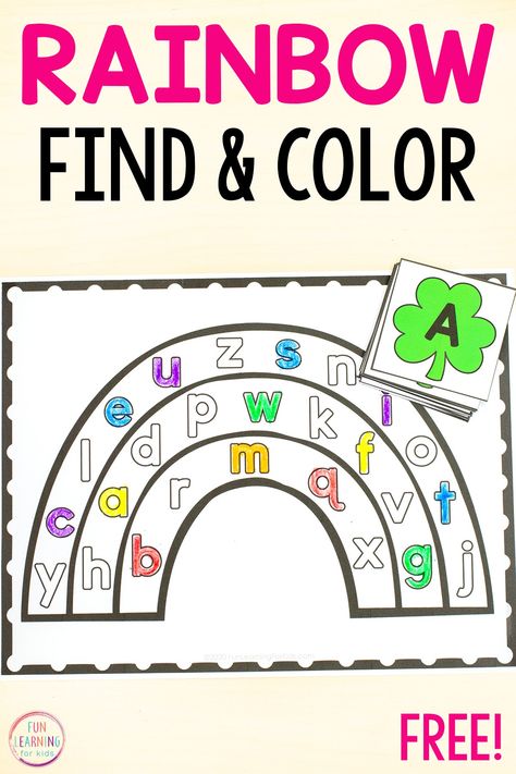 St. Patrick's Day Rainbow Find and Color the Letter Sheets Rainbow Letters Free Printable, Rainbow Day Kindergarten, St Patrick’s Day Alphabet, Leprechaun Activities, Free Alphabet Printables, Alphabet Centers, Rainbow Activities, Lesson Plans For Toddlers, St Patrick Day Activities