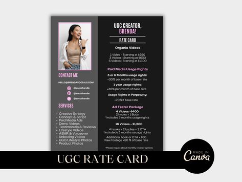 UGC Rate Card, User generated content, Influencer Rate Card, Media Kit, Tik Tok Rate Card, Edit in Canva Ugc Contract Template Free, Ugc Templates, Content Influencer, Rate Card, Card Edit, Creative Portfolio, Contract Template, Media Kit, Instagram Influencer