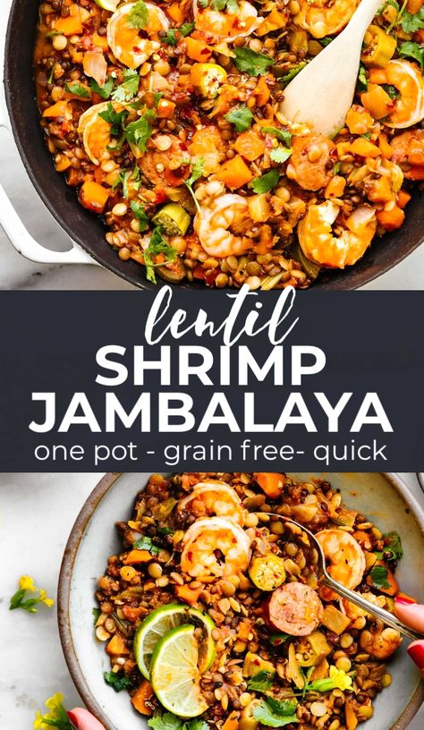 Lentils And Shrimp Recipe, Shrimp And Lentils, Lentils With Shrimp, High Protein Jambalaya, Lentil Gumbo, Paleo Jambalaya, One Pot Lentil, Lentil Bowls, One Pot Shrimp