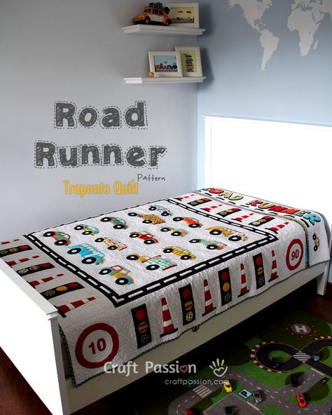 Road Runner Quilt - Free Quilt Pattern | Craft Passion • Page 2 of 2 Trapunto Quilt, Car Quilt, Kid Quilts, Quilts For Kids, Picnic Quilt, Kids Quilts, Childrens Quilts, Baby Quilt Patterns, Garden Quilt