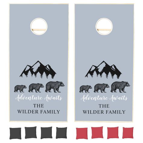 Gray Bean Bag, Cabin Games, Corn Hole Bean Bags, Blue Gray Background, Cabin Lake House, Bean Bag Toss Game, Woodland Bear, Mountain Silhouette, Outdoor Bean Bag