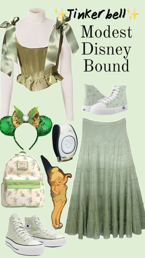 #disneybound #tinkerbell #disney #bell #magickingdom #converse #loungefly #minnieears #green #corset #magicband #duneandburke #ribbon #girly Tinkerbell Disneybound, Disneybound Outfits, Tinkerbell Disney, Green Corset, Pixie Hollow, Disney Bound Outfits, Magic Bands, Minnie Ears, Little Princess