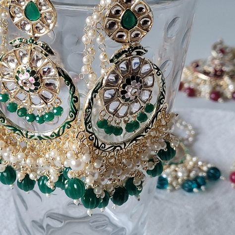 Beautiful Set Of Meenakari Chand Bali Earrings With A Combination Of Turquoise Blue With White Pearls. This Earring Set Is Perfect For Any Festive Occasion. Length : 4 Inches Approx. Width: 2.4 Inches Approx. Material : Alloy, Meenakari And Glass Pearls. Product Care Guide Keep Away From Perfumes And Liquids. Keep The Product Away From Direct Sunlight In A Cool And Dry Place. Store The Product In A Ziplock/Packet When Not In Use. Disclaimer - Product Colour May Slightly Vary Due Photographic Light Sources Or Monitor Setting. Green Earrings Indian, Dark Green Lehenga, Chand Bali Earrings, Chand Bali, Punjabi Style, Funny Stick Figures, Bali Earrings, Green Lehenga, Pakistani Wedding Outfits