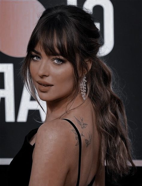 Dakota Johnson Hair Long, Fancy Hair With Bangs, Dakota Johnson Updo, Wedding Guest Hair With Bangs, Formal Updo With Bangs, Bride Hairstyles With Bangs, Elegant Hairstyles With Bangs, Prom Hair With Bangs, Bridal Hair With Bangs