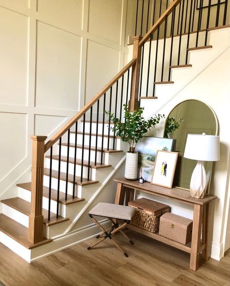 Entry Way By Stairs, Staircase Middle Of House, Partially Open Staircase, Entryway By Stairs Ideas, Staircase Remodel Before And After, Staircase Molding Trim Work, Entry Way Ideas With Stairs, Entry Way With Stairs, Front Entryway Ideas With Stairs